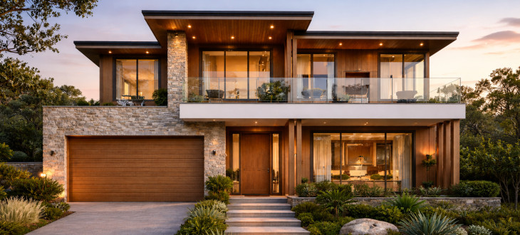 Two-storey home lit at dusk with a landscaped front garden