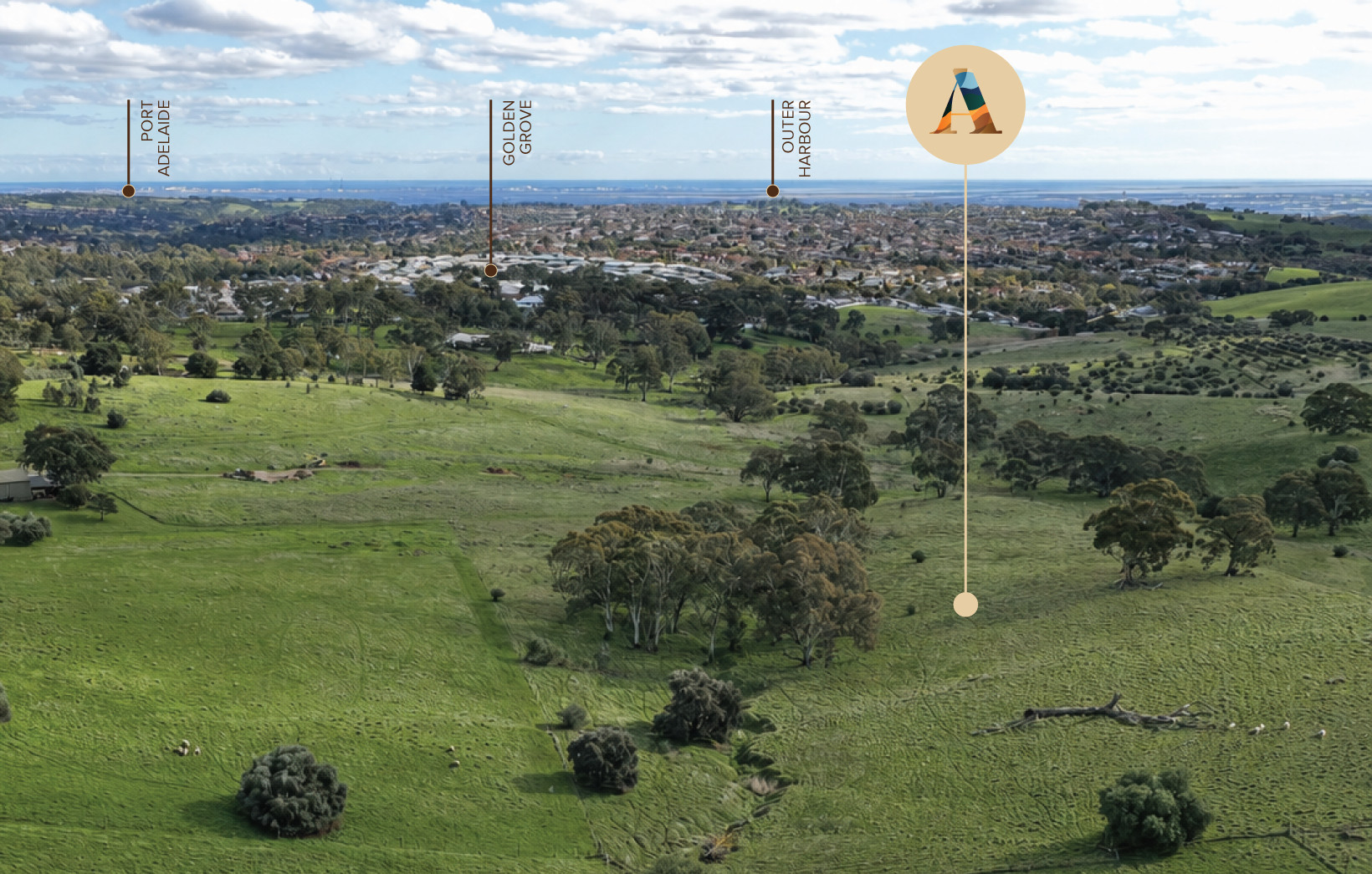 Aerial view of Golden Grove with the Amberleigh site marked and Port Adelaide in the distance