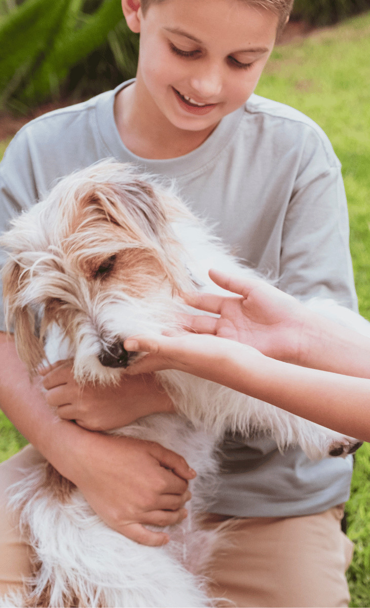 Boy holding a small dog in a garden